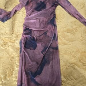 Brown Tie-Dye Long Sleeve Ruched Midi Dress